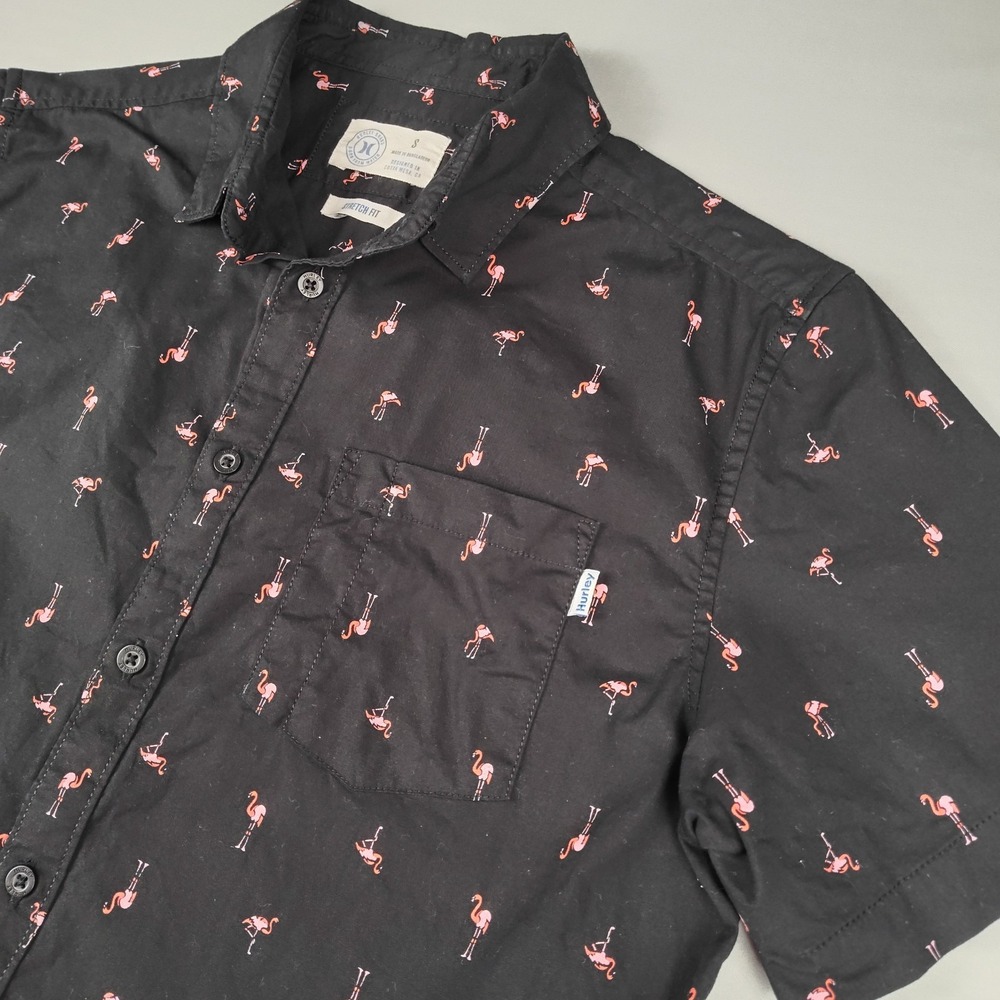 Hurley Premium Mens Small Flamingo Shirt Black Stretch Fit Cotton Button Down